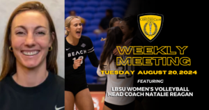 graphic to promote century club weekly meeting on tuesday, August 20, 2024 at Legend's featuring LBSU womens volleyball head coach natalie reagan