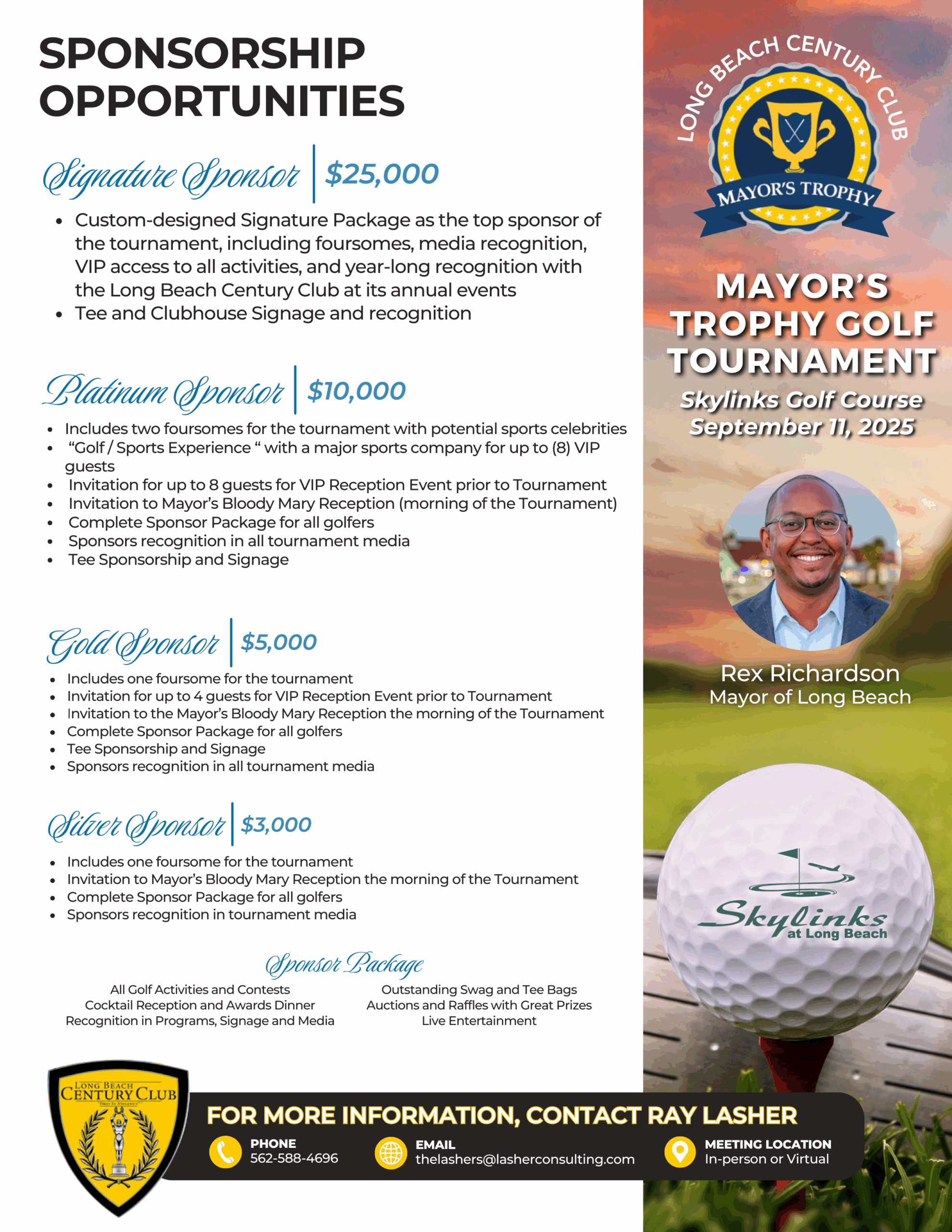 Digital flyer with sponsorship information for Mayor's Trophy Golf Tournament on September 11, 2025
